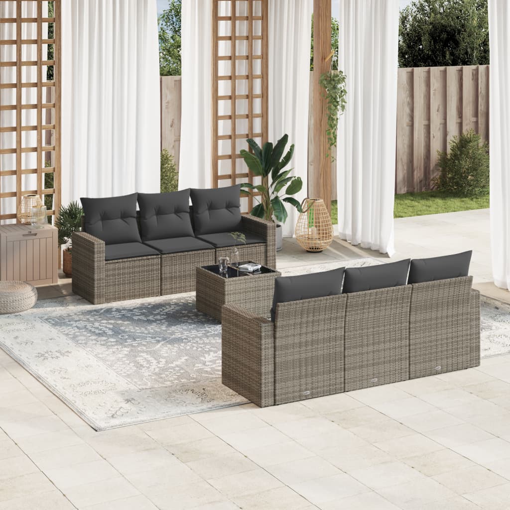 vidaXL Set canapele de grădină, 7 piese, cu perne, gri, poliratan vidaXL Set canapele de grădină, 7 piese, cu perne, gri, poliratan