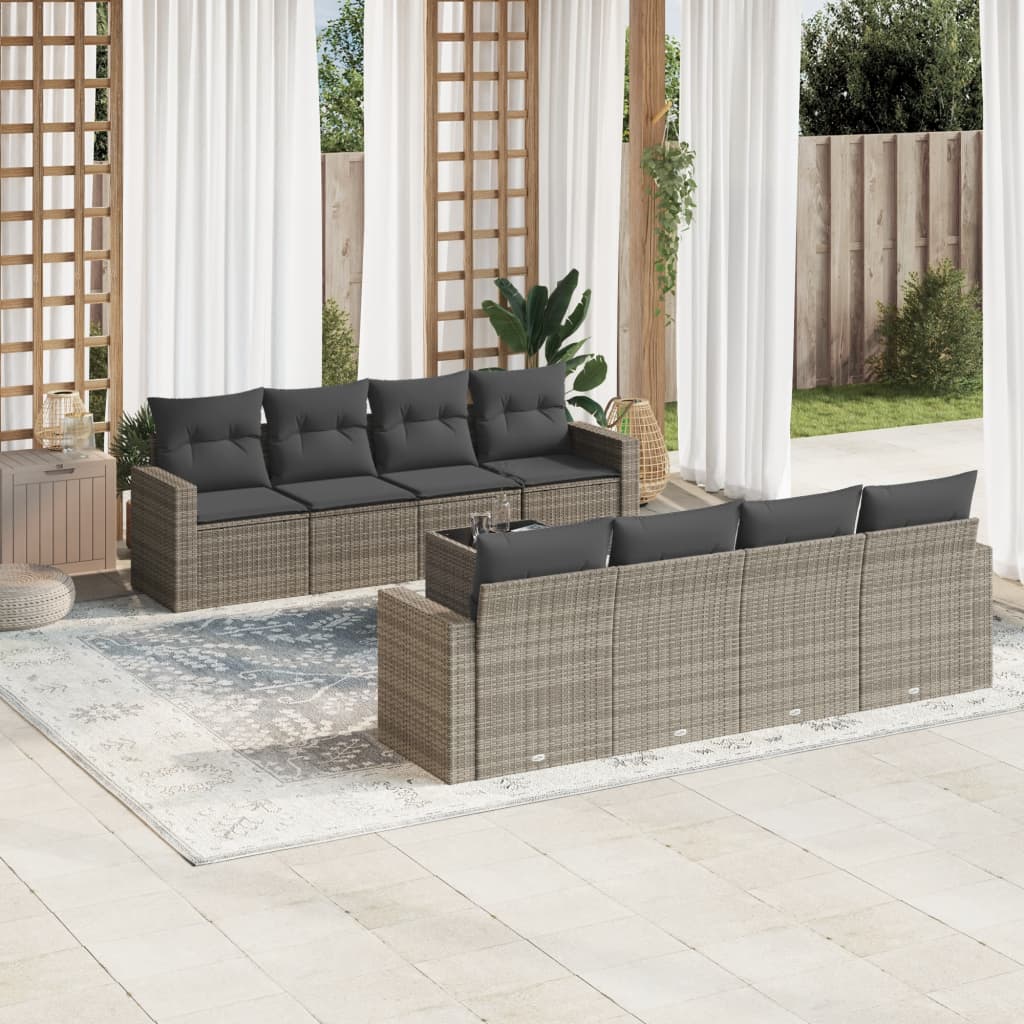 vidaXL Set canapele de grădină, 9 piese, cu perne, gri, poliratan vidaXL Set canapele de grădină, 9 piese, cu perne, gri, poliratan