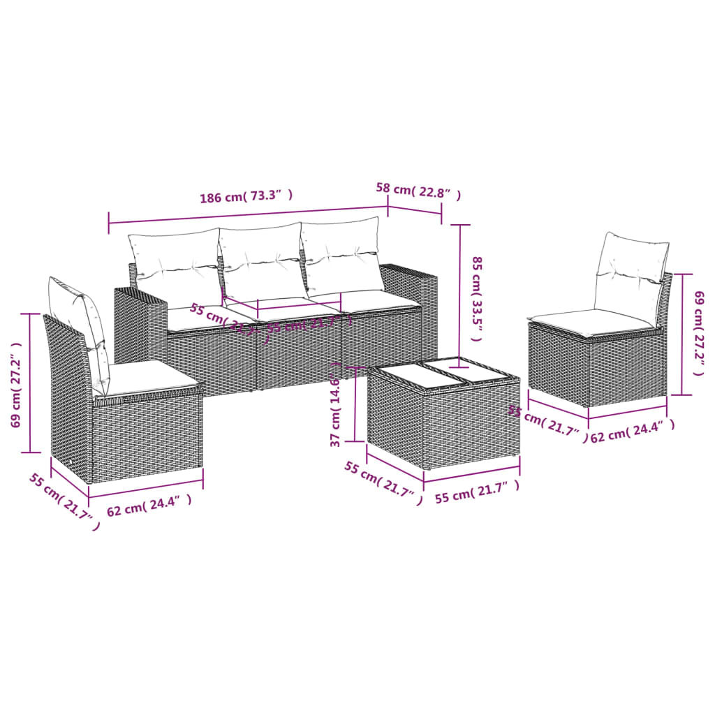 vidaXL Set mobilier de grădină cu perne, 6 piese, negru, poliratan vidaXL Set mobilier de grădină cu perne, 6 piese, negru, poliratan