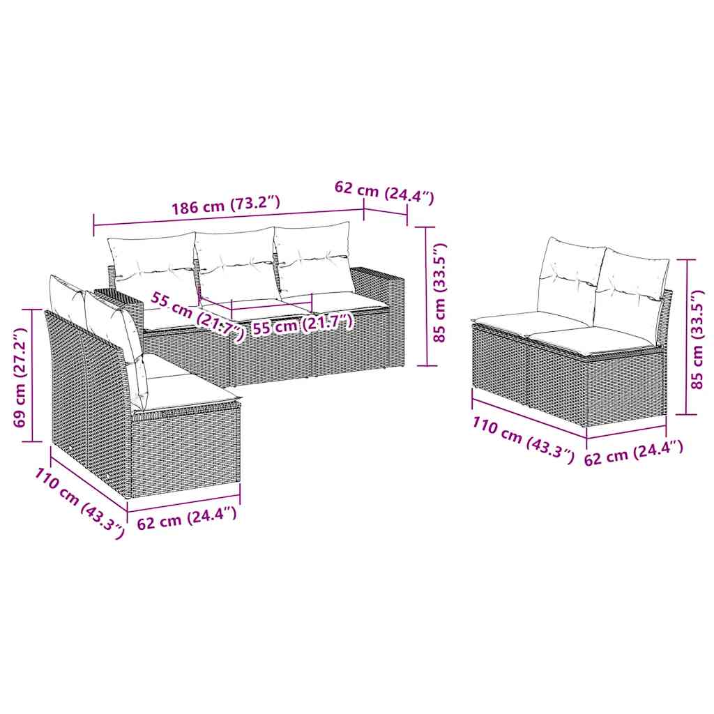 vidaXL Set canapele de grădină cu perne, 7 piese, negru, poliratan