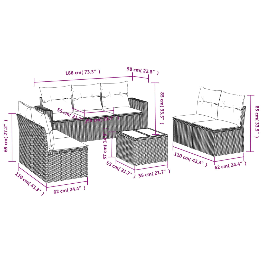 vidaXL Set mobilier de grădină cu perne, 8 piese, negru, poliratan vidaXL Set mobilier de grădină cu perne, 8 piese, negru, poliratan