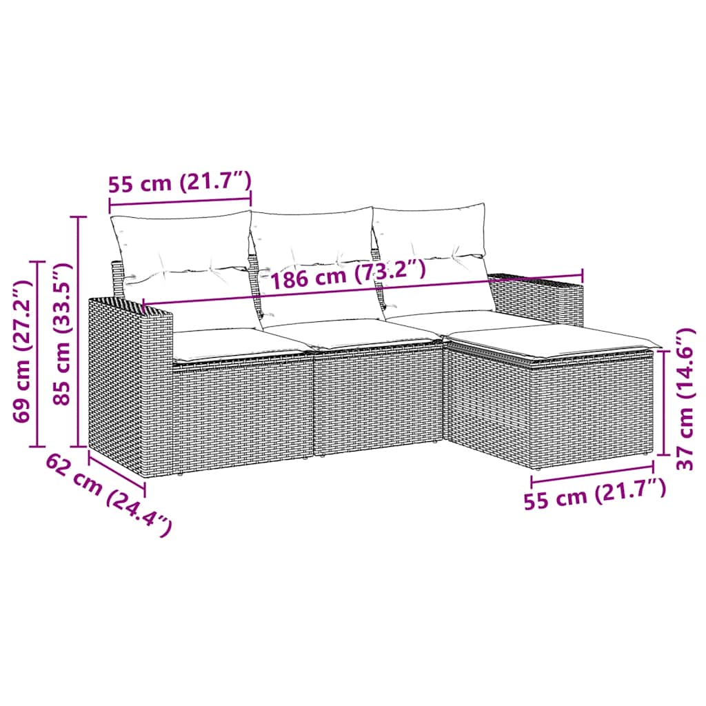 vidaXL Set mobilier de grădină cu perne, 4 piese, negru, poliratan