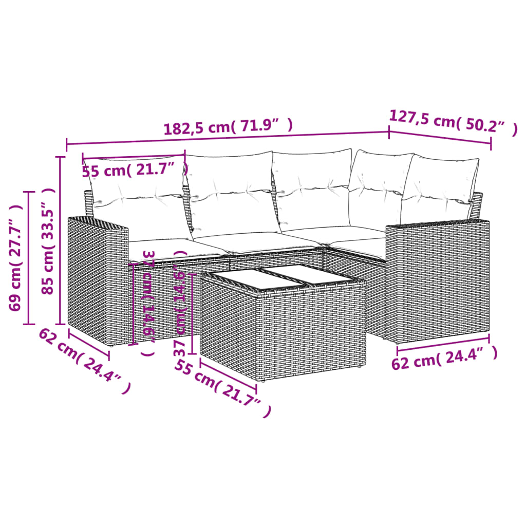 vidaXL Set canapea de grădină cu perne, 5 piese, gri, poliratan vidaXL Set canapea de grădină cu perne, 5 piese, gri, poliratan