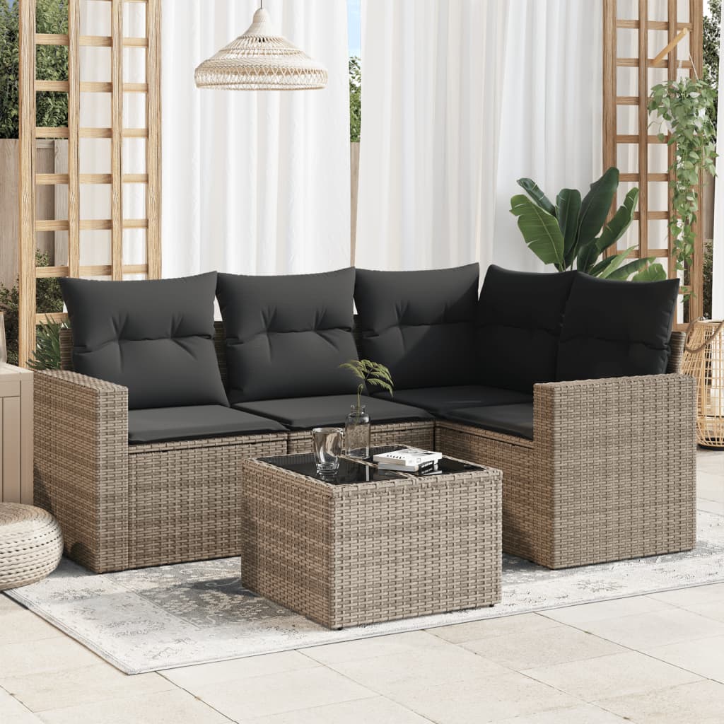 vidaXL Set canapea de grădină cu perne, 5 piese, gri, poliratan vidaXL Set canapea de grădină cu perne, 5 piese, gri, poliratan