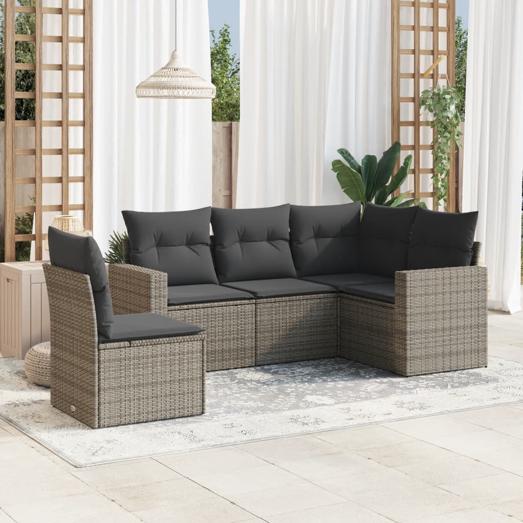 vidaXL Set canapea de grădină cu perne, 5 piese, gri, poliratan vidaXL Set canapea de grădină cu perne, 5 piese, gri, poliratan