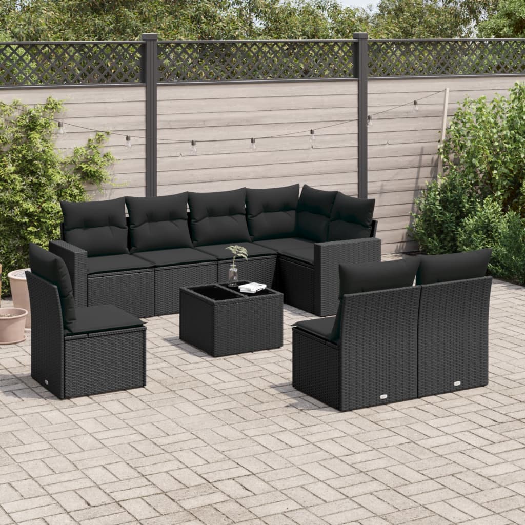 vidaXL Set mobilier de grădină cu perne, 9 piese, negru, poliratan vidaXL Set mobilier de grădină cu perne, 9 piese, negru, poliratan
