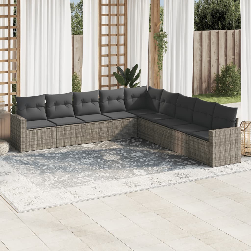 vidaXL Set canapele de grădină, 9 piese, cu perne, gri, poliratan vidaXL Set canapele de grădină, 9 piese, cu perne, gri, poliratan