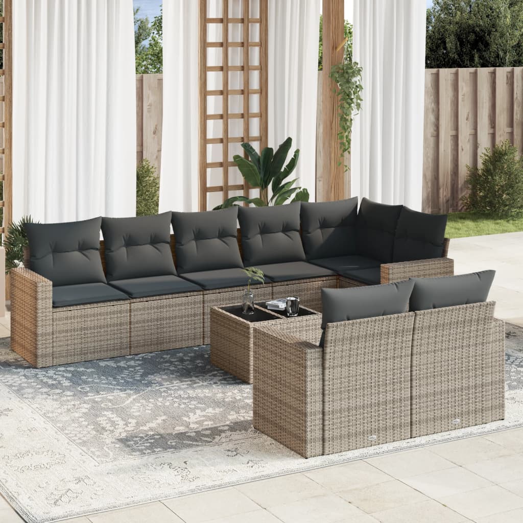 vidaXL Set canapele de grădină, 9 piese, cu perne, gri, poliratan vidaXL Set canapele de grădină, 9 piese, cu perne, gri, poliratan
