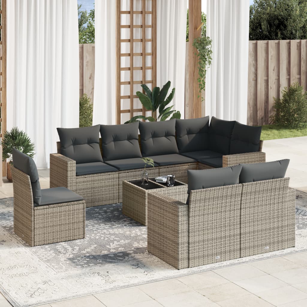 vidaXL Set canapele de grădină, 9 piese, cu perne, gri, poliratan vidaXL Set canapele de grădină, 9 piese, cu perne, gri, poliratan