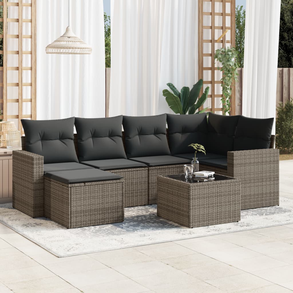 vidaXL Set canapele de grădină, 7 piese, cu perne, gri, poliratan vidaXL Set canapele de grădină, 7 piese, cu perne, gri, poliratan