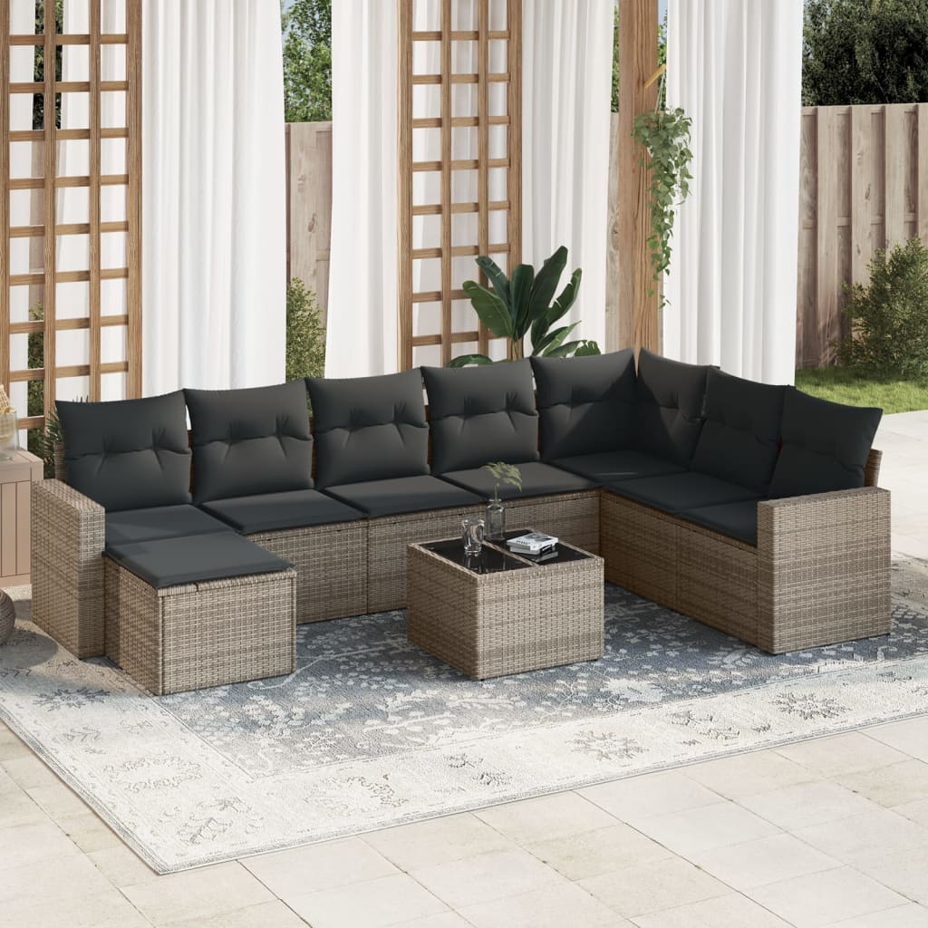 vidaXL Set canapele de grădină, 9 piese, cu perne, gri, poliratan vidaXL Set canapele de grădină, 9 piese, cu perne, gri, poliratan