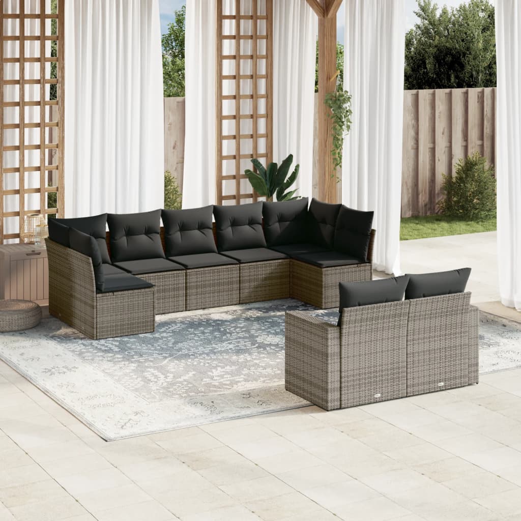 vidaXL Set canapele de grădină, 9 piese, cu perne, gri, poliratan vidaXL Set canapele de grădină, 9 piese, cu perne, gri, poliratan