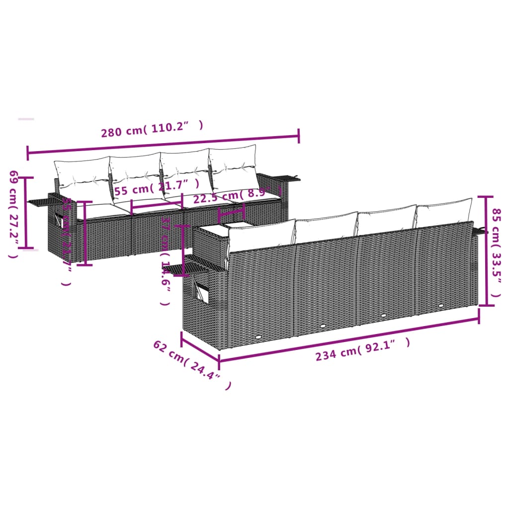 vidaXL Set mobilier de grădină cu perne, 9 piese, negru, poliratan vidaXL Set mobilier de grădină cu perne, 9 piese, negru, poliratan