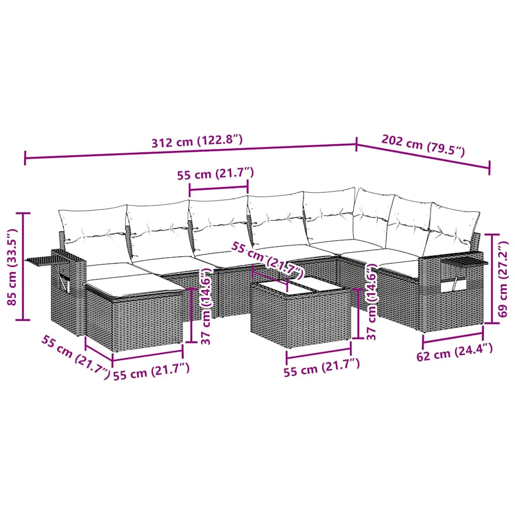 vidaXL Set mobilier de grădină cu perne, 9 piese, negru, poliratan