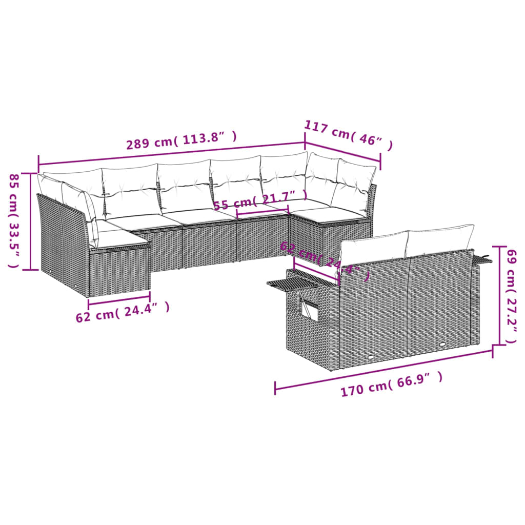 vidaXL Set mobilier de grădină cu perne, 9 piese, negru, poliratan