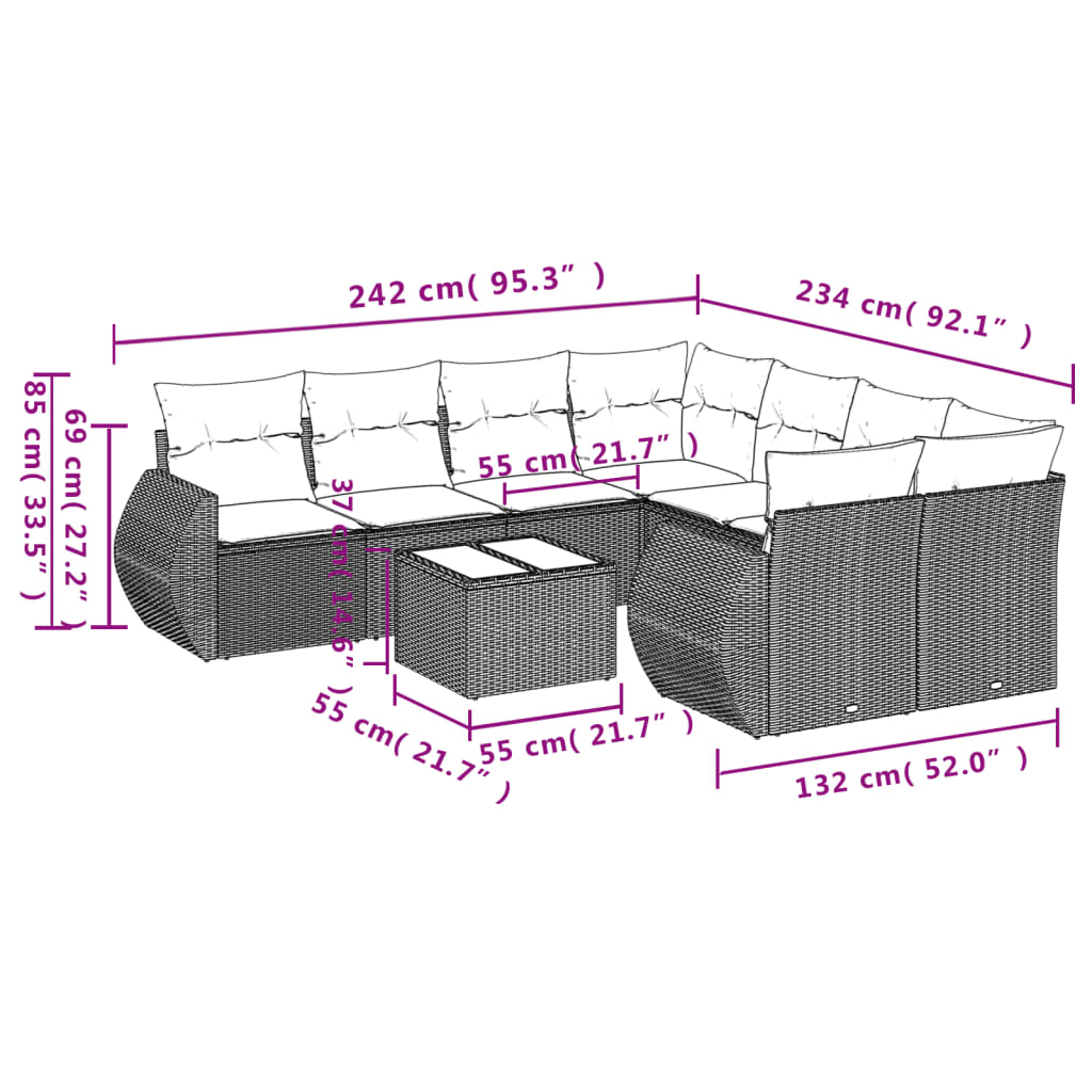 vidaXL Set mobilier de grădină cu perne, 9 piese, negru, poliratan