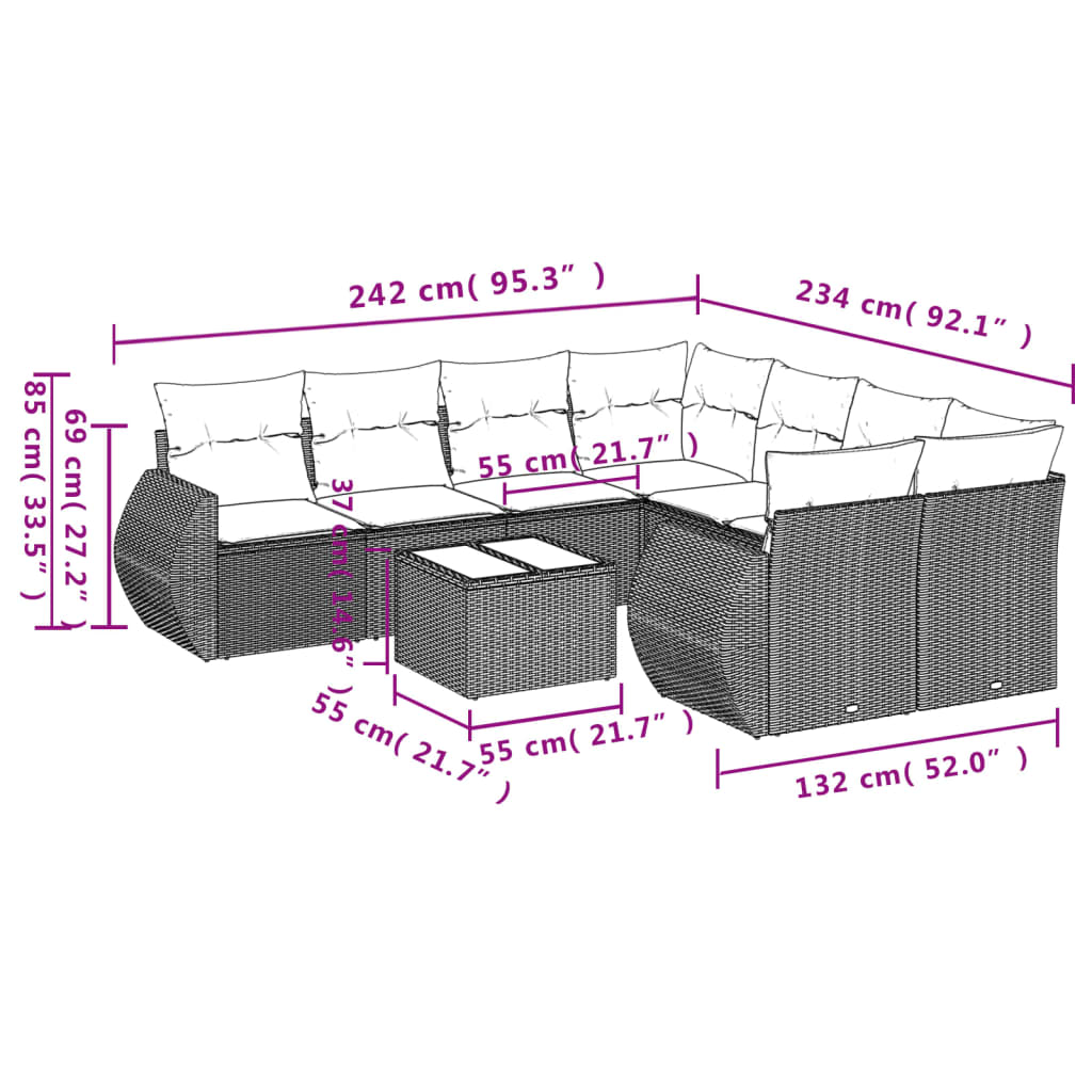 vidaXL Set mobilier de grădină cu perne, 9 piese, negru, poliratan