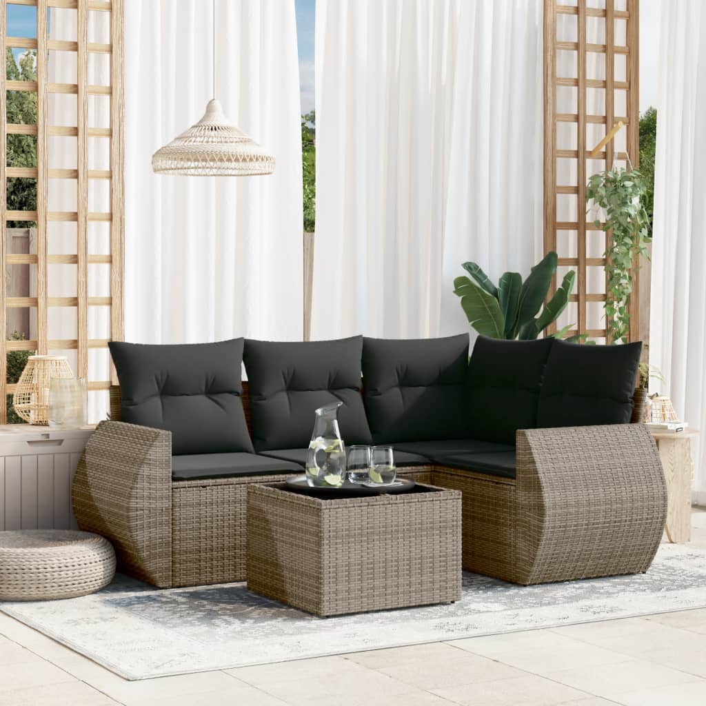 vidaXL Set canapea de grădină cu perne, 5 piese, gri, poliratan vidaXL Set canapea de grădină cu perne, 5 piese, gri, poliratan