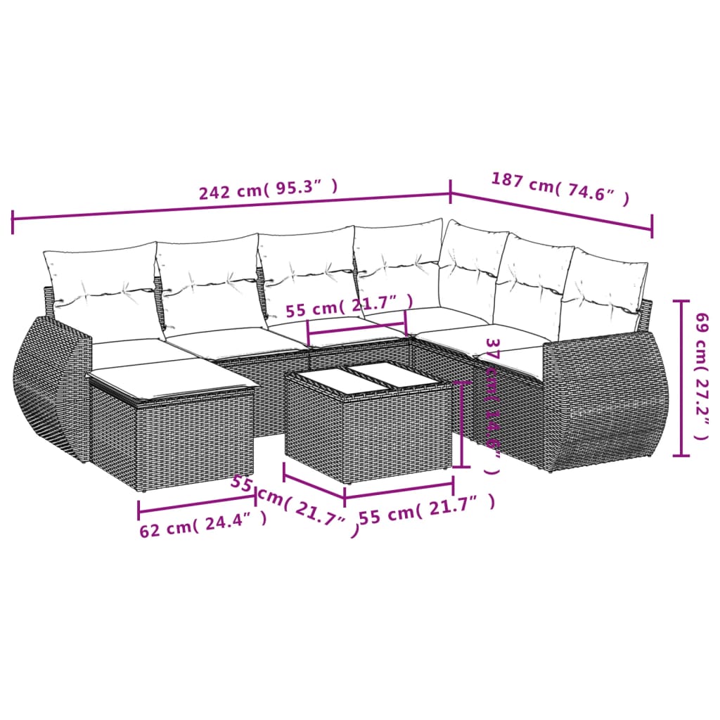 vidaXL Set mobilier de grădină cu perne, 8 piese, negru, poliratan