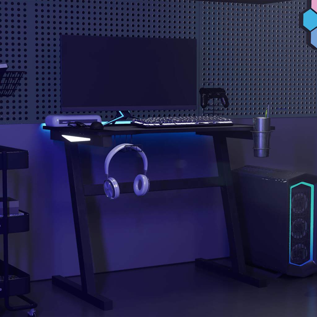 vidaXL Birou de gaming LED cu picioare în formă de Z negru 90x60x75 cm