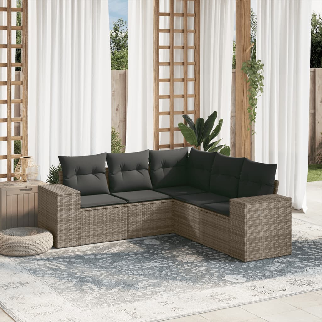 vidaXL Set canapea de grădină cu perne, 5 piese, gri, poliratan vidaXL Set canapea de grădină cu perne, 5 piese, gri, poliratan