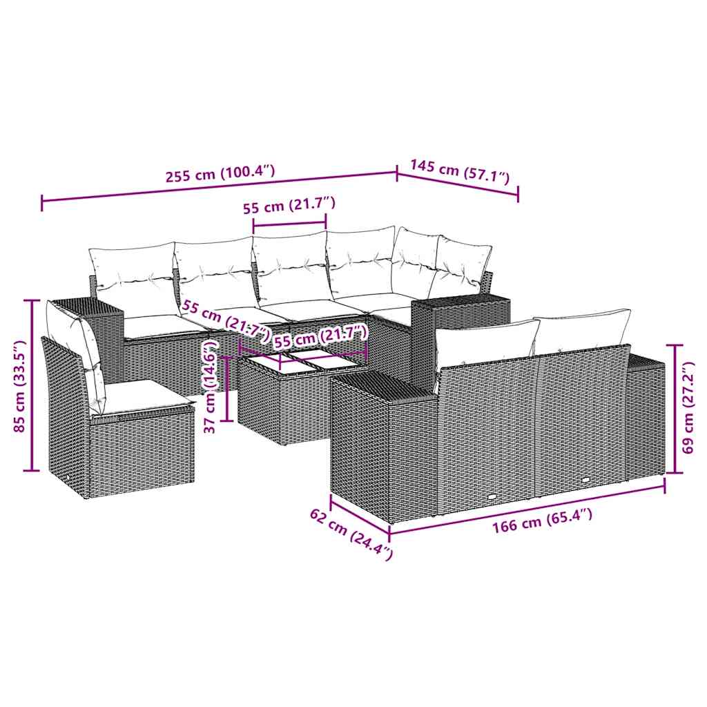 vidaXL Set mobilier de grădină cu perne, 9 piese, negru, poliratan