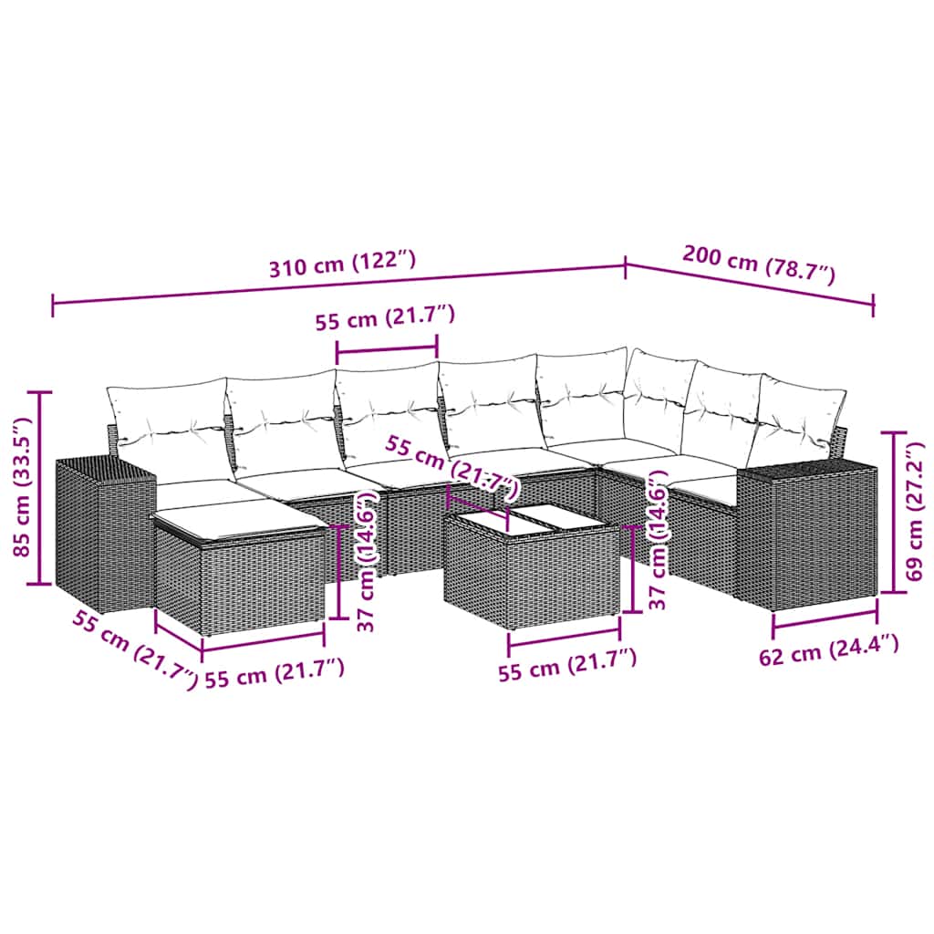vidaXL Set mobilier de grădină cu perne, 9 piese, negru, poliratan