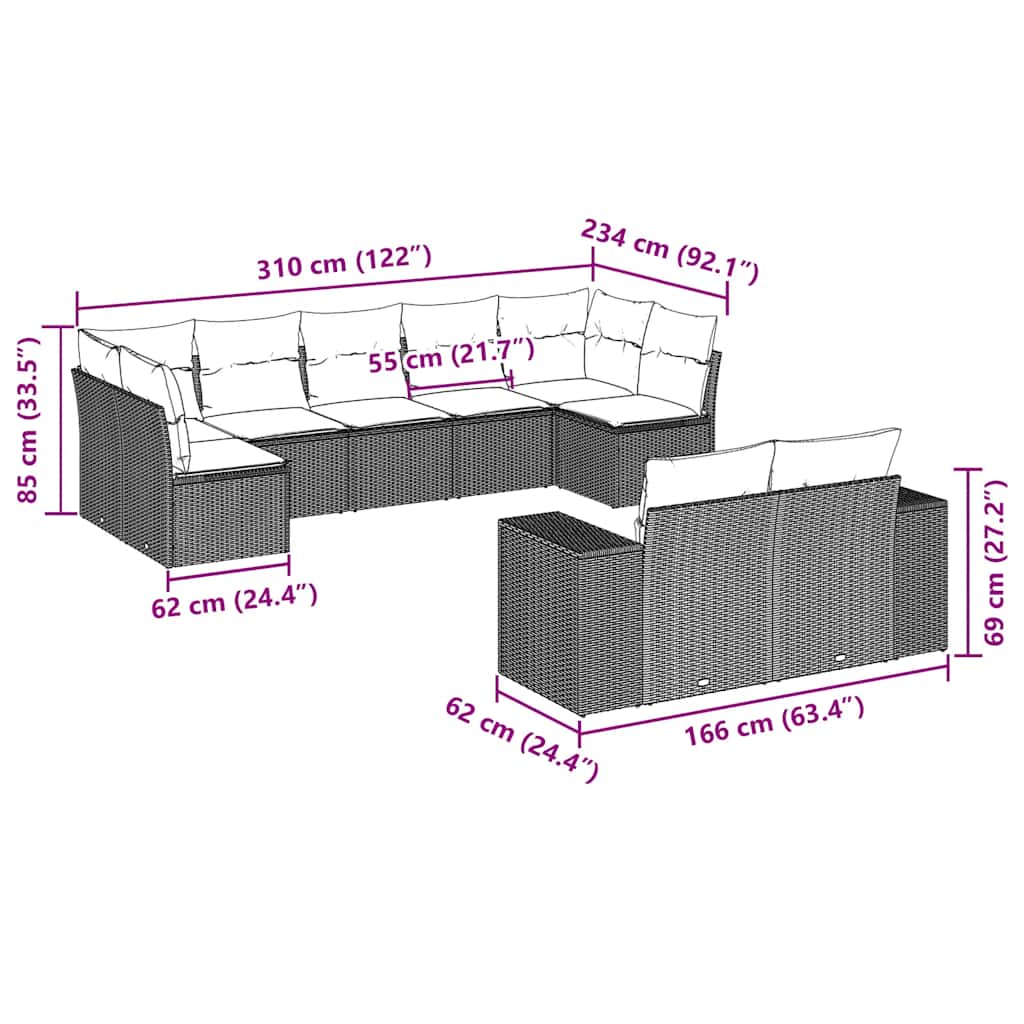 vidaXL Set mobilier de grădină cu perne, 9 piese, negru, poliratan