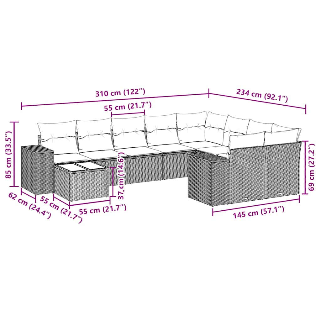 vidaXL Set canapele de grădină cu perne, 10 piese, negru, poliratan