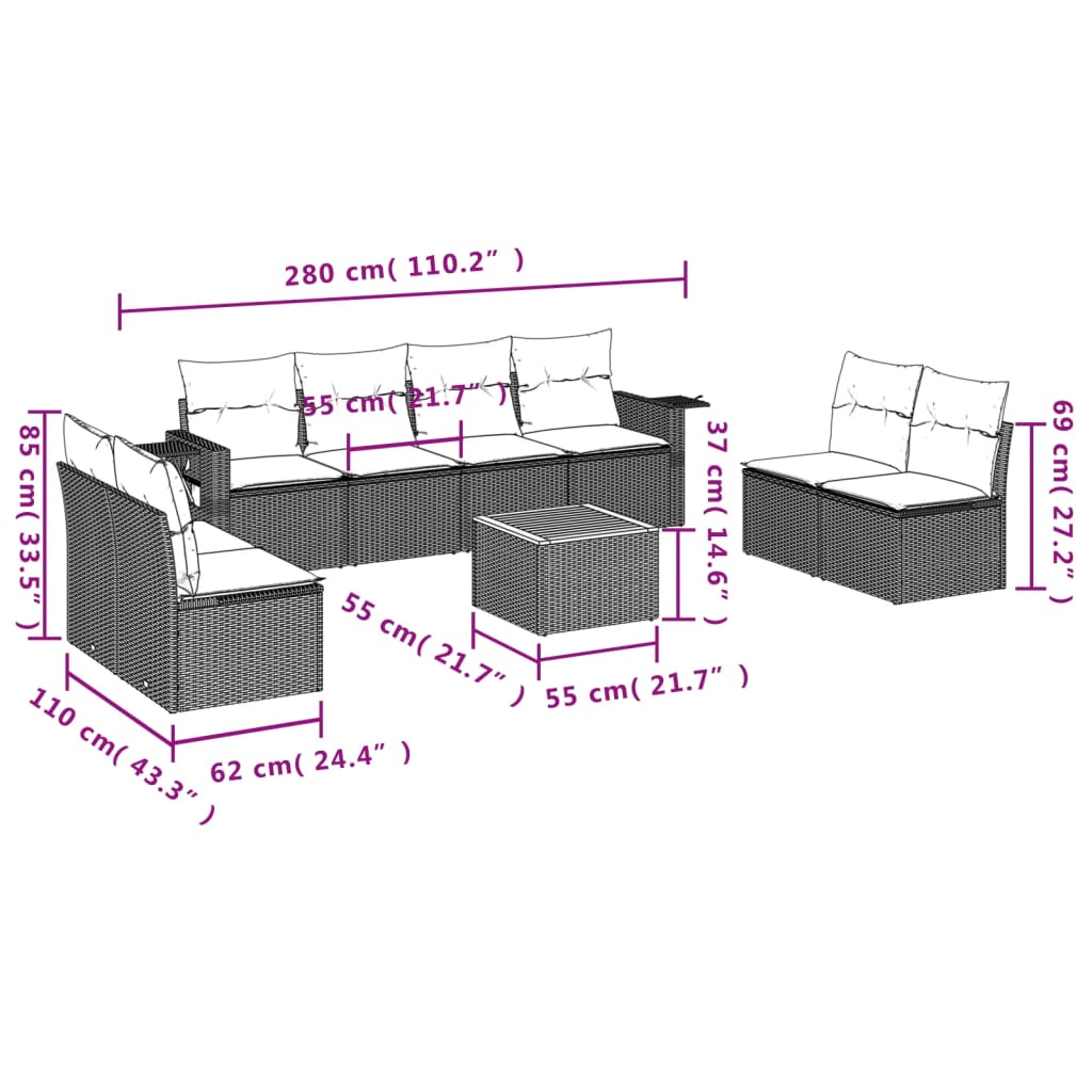 vidaXL Set mobilier de grădină cu perne, 9 piese, negru, poliratan