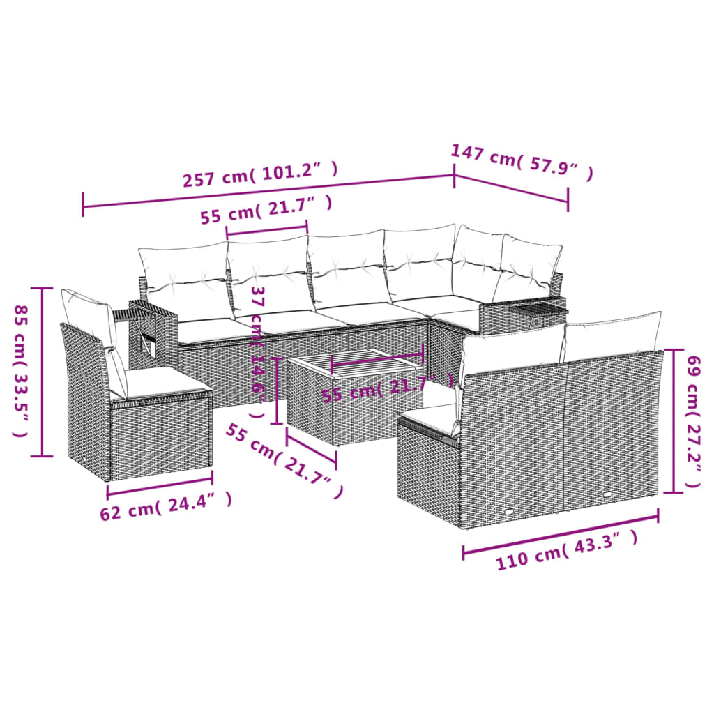 vidaXL Set mobilier de grădină cu perne, 9 piese, negru, poliratan