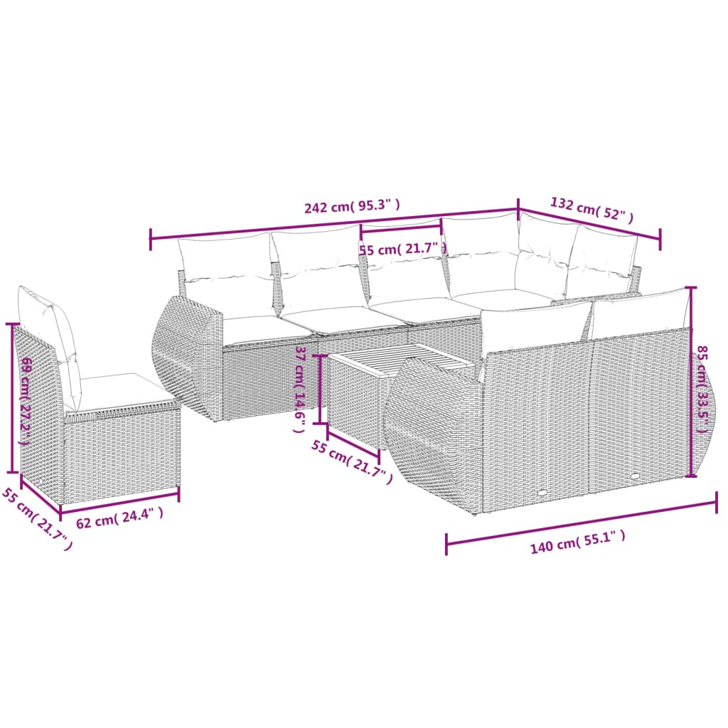 vidaXL Set mobilier de grădină cu perne, 9 piese, negru, poliratan vidaXL Set mobilier de grădină cu perne, 9 piese, negru, poliratan