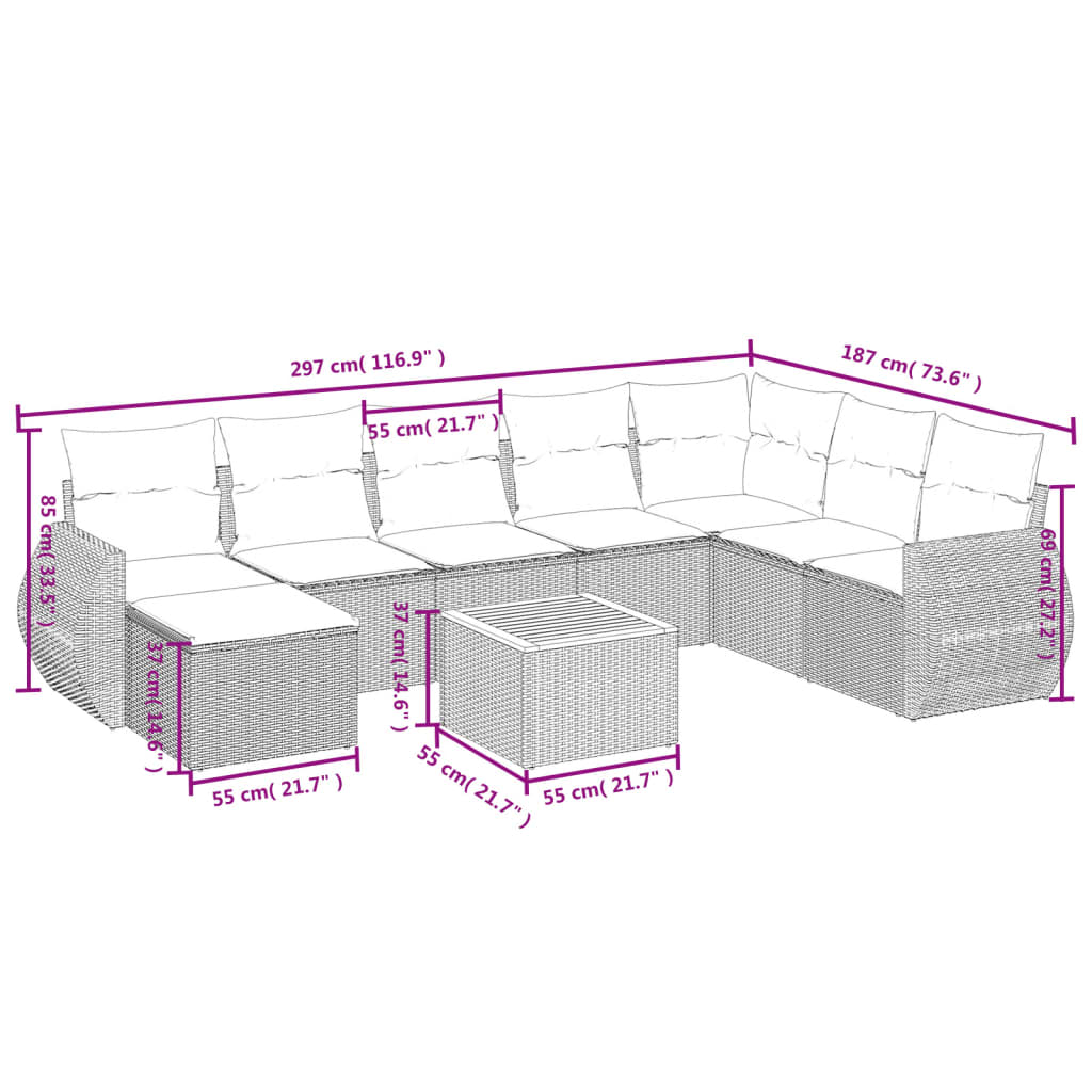 vidaXL Set mobilier de grădină cu perne, 9 piese, negru, poliratan