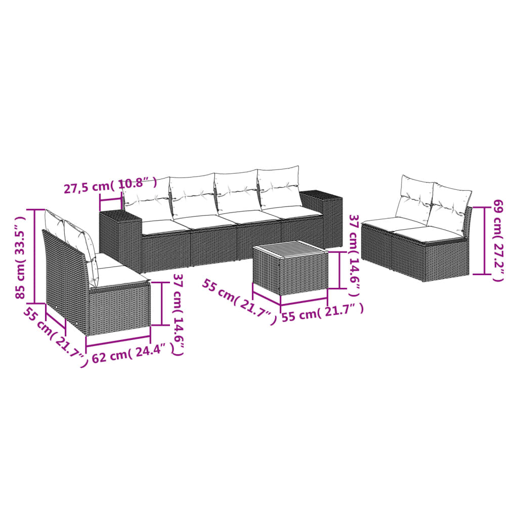 vidaXL Set mobilier de grădină cu perne, 9 piese, negru, poliratan vidaXL Set mobilier de grădină cu perne, 9 piese, negru, poliratan