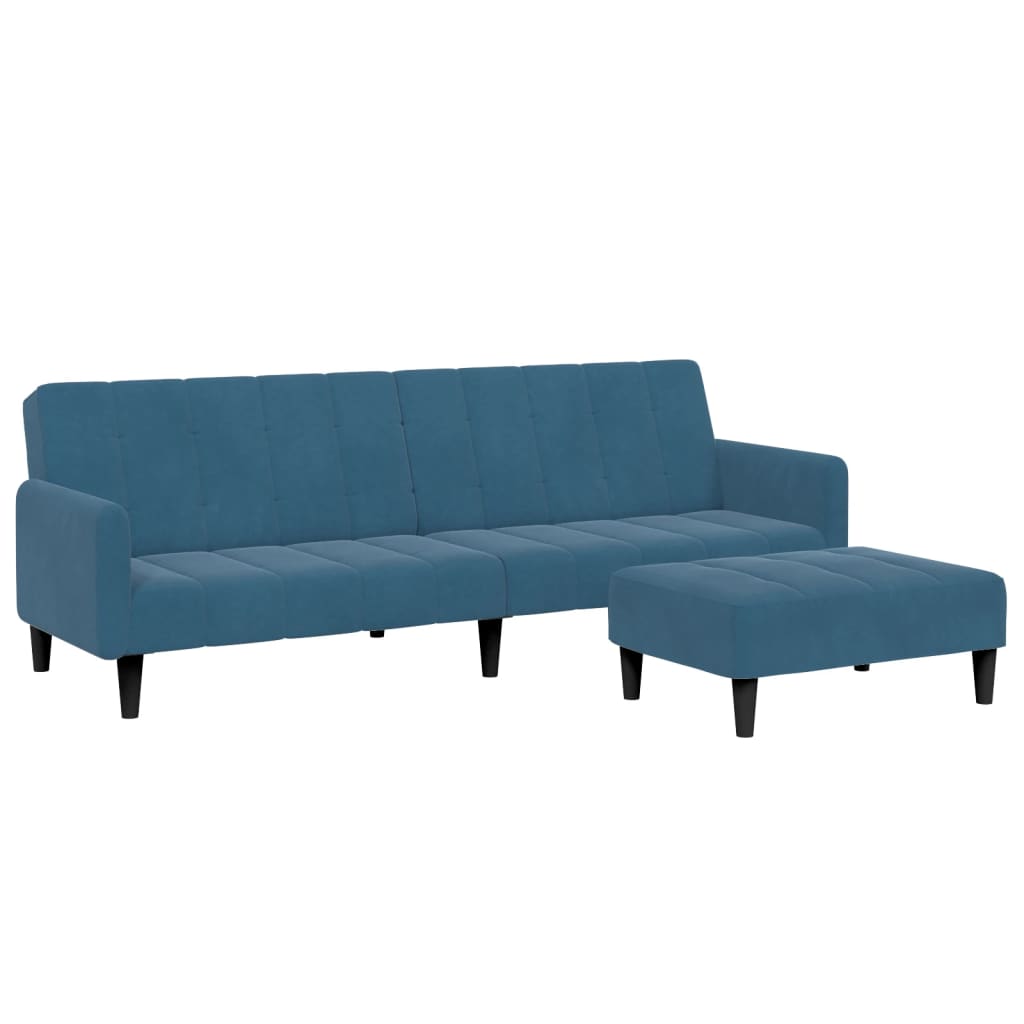 vidaXL Canapea extensibilă cu 2 locuri și taburet, albastru, catifea vidaXL Canapea extensibilă cu 2 locuri și taburet, albastru, catifea