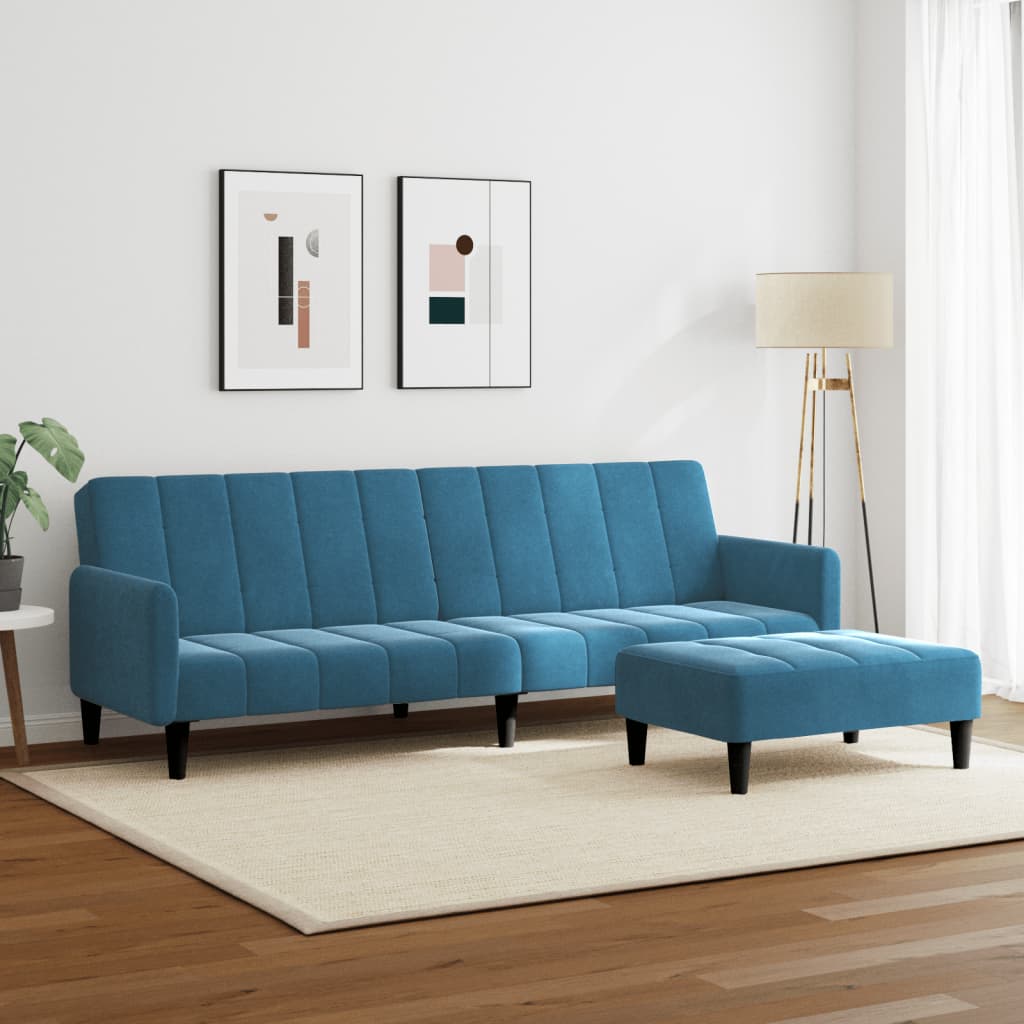 vidaXL Canapea extensibilă cu 2 locuri și taburet, albastru, catifea vidaXL Canapea extensibilă cu 2 locuri și taburet, albastru, catifea