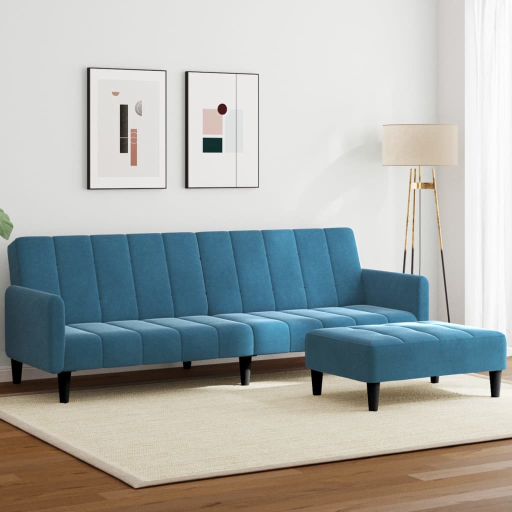 vidaXL Canapea extensibilă cu 2 locuri și taburet, albastru, catifea vidaXL Canapea extensibilă cu 2 locuri și taburet, albastru, catifea