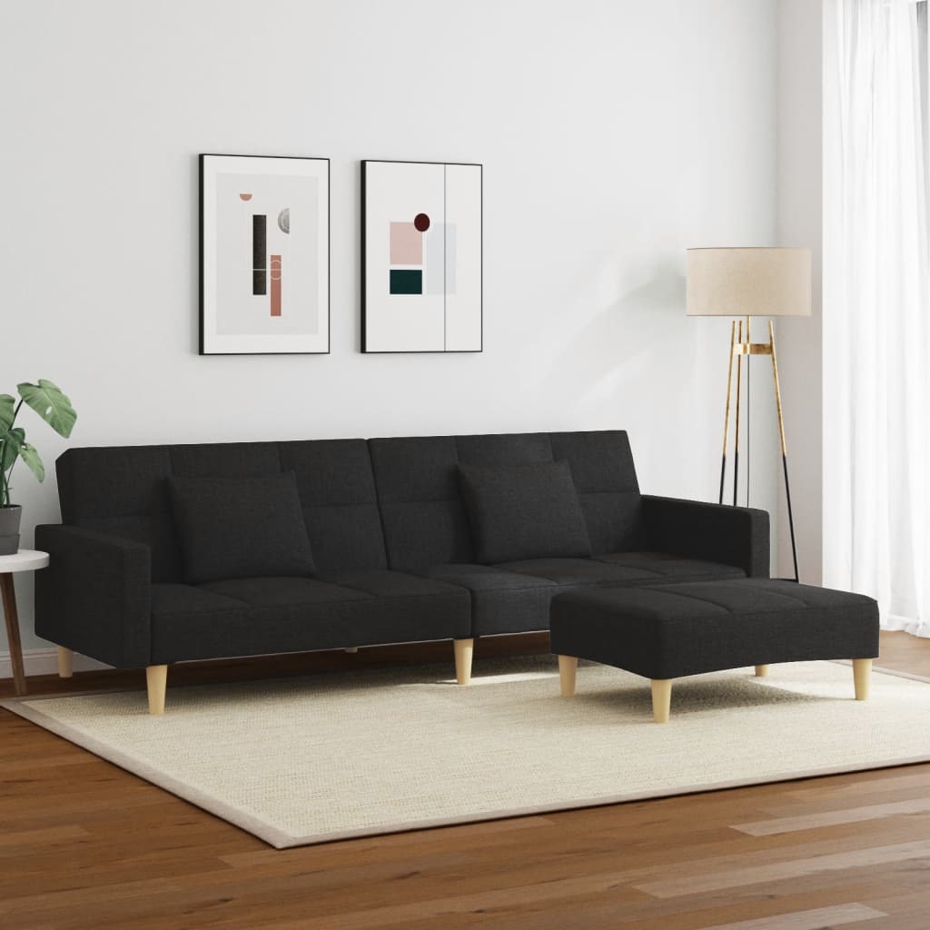 vidaXL Canapea extensibilă cu taburet, 2 locuri, negru, textil vidaXL Canapea extensibilă cu taburet, 2 locuri, negru, textil