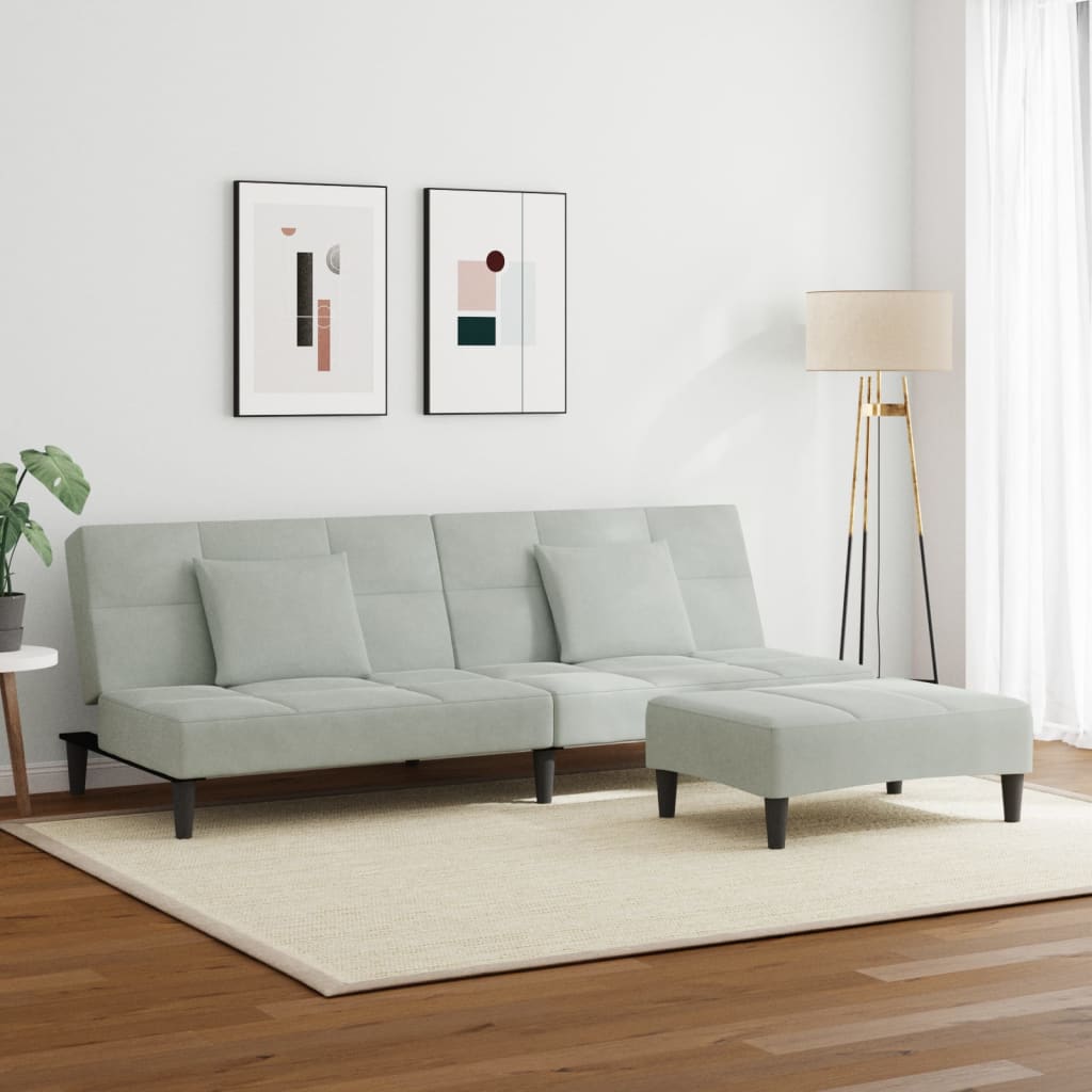 vidaXL Canapea extensibilă cu taburet, 2 locuri, gri deschis, catifea