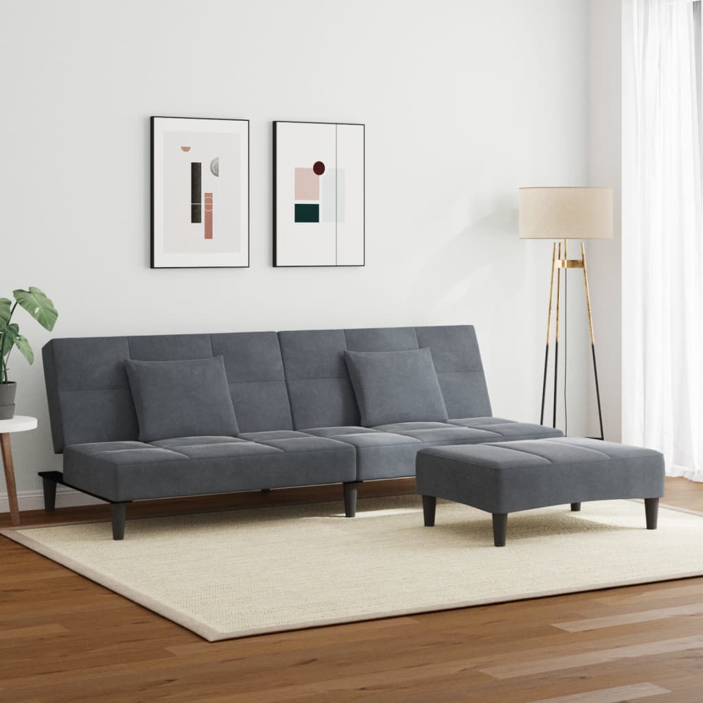 vidaXL Canapea extensibilă cu taburet, 2 locuri, gri închis, catifea