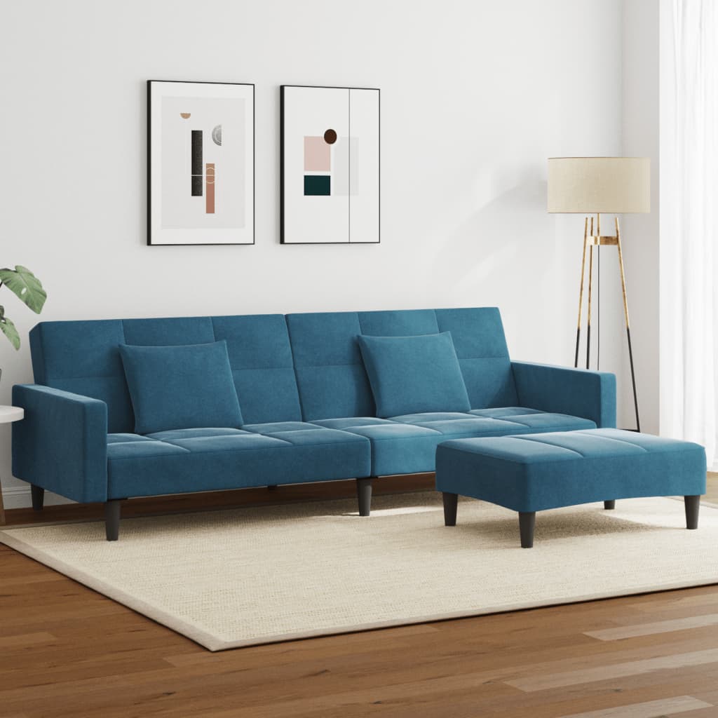 vidaXL Canapea extensibilă cu 2 locuri și taburet, albastru, catifea vidaXL Canapea extensibilă cu 2 locuri și taburet, albastru, catifea