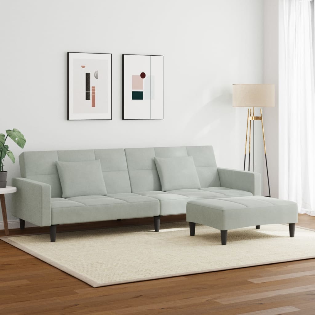 vidaXL Canapea extensibilă cu taburet, 2 locuri, gri deschis, catifea