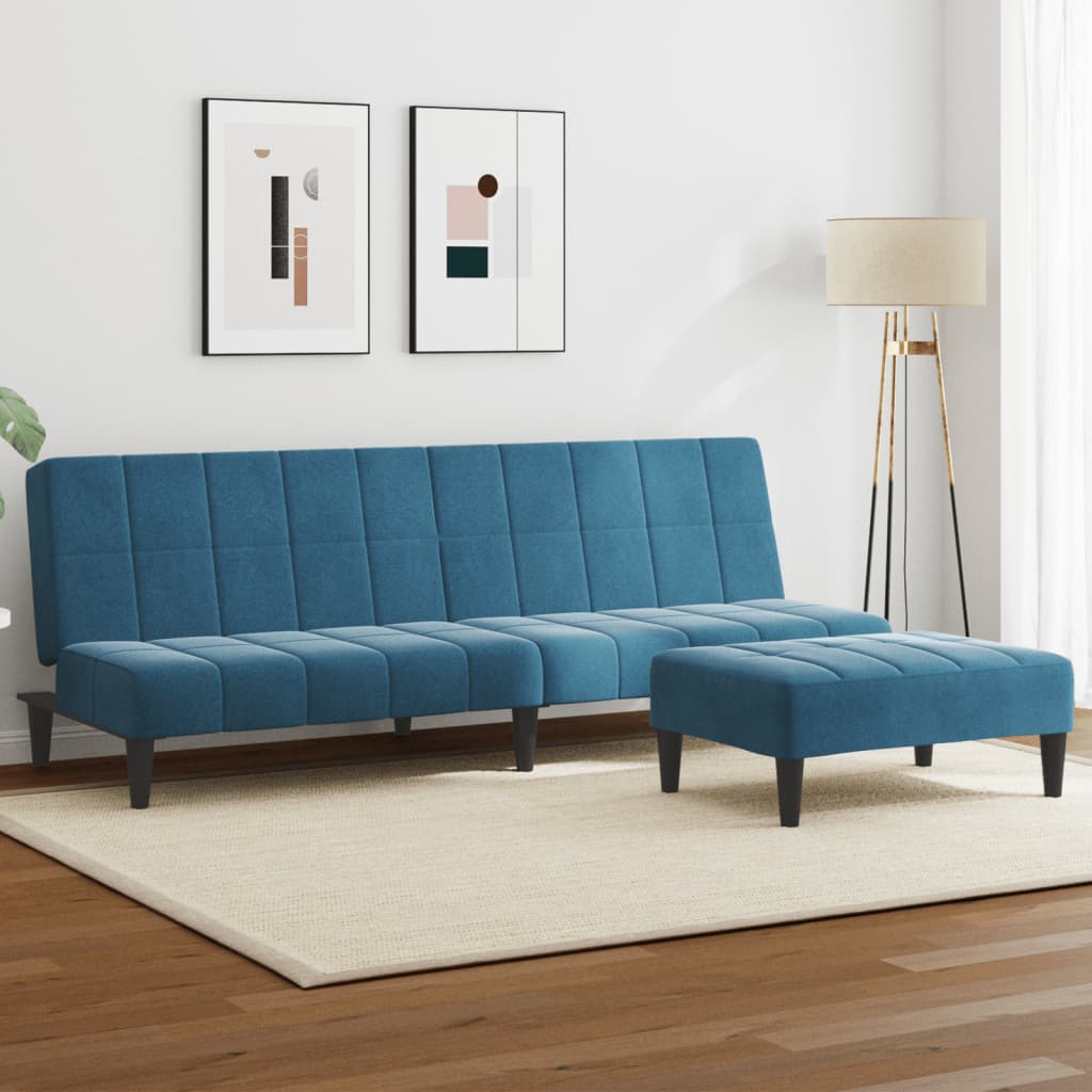 vidaXL Canapea extensibilă cu 2 locuri și taburet, albastru, catifea vidaXL Canapea extensibilă cu 2 locuri și taburet, albastru, catifea