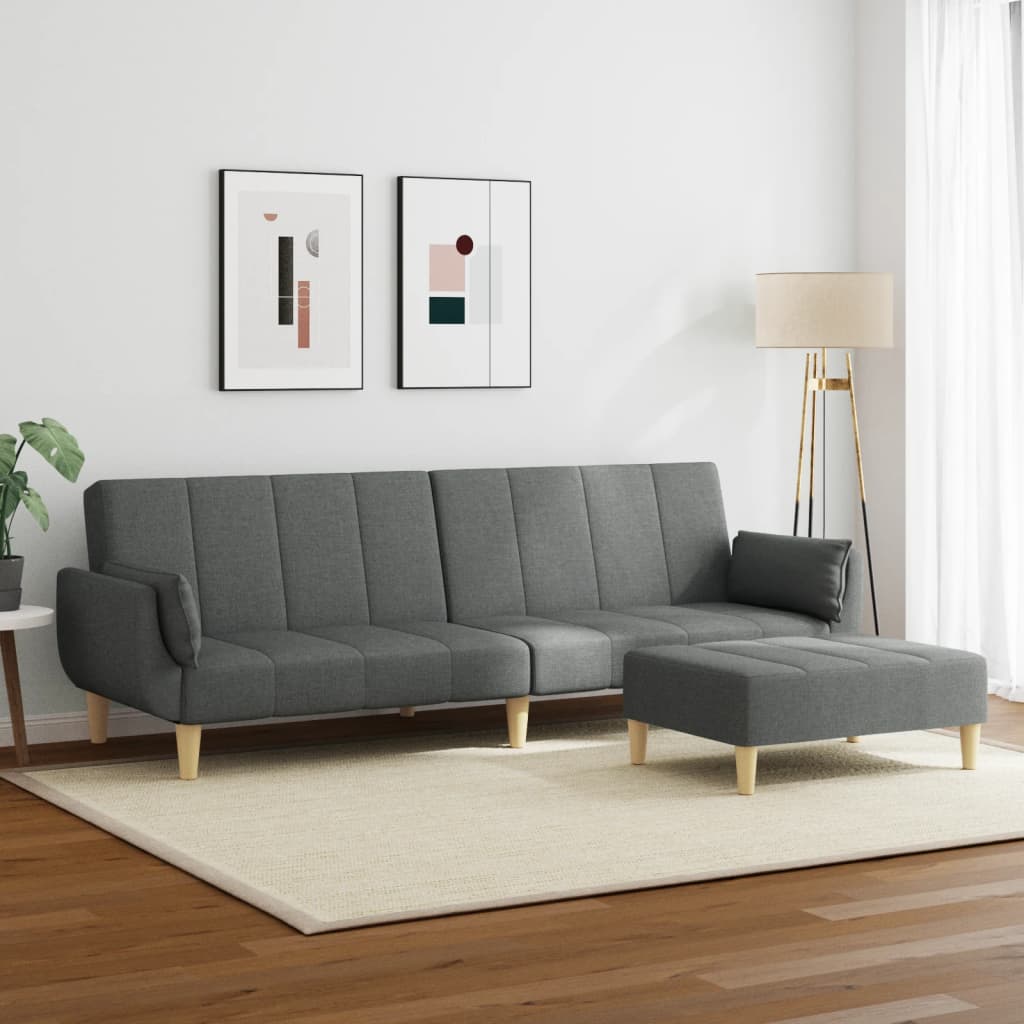 vidaXL Canapea extensibilă cu taburet, 2 locuri, gri închis, textil