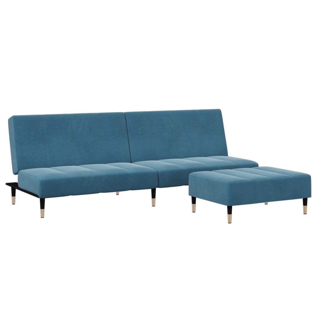 vidaXL Canapea extensibilă cu 2 locuri și taburet, albastru, catifea vidaXL Canapea extensibilă cu 2 locuri și taburet, albastru, catifea