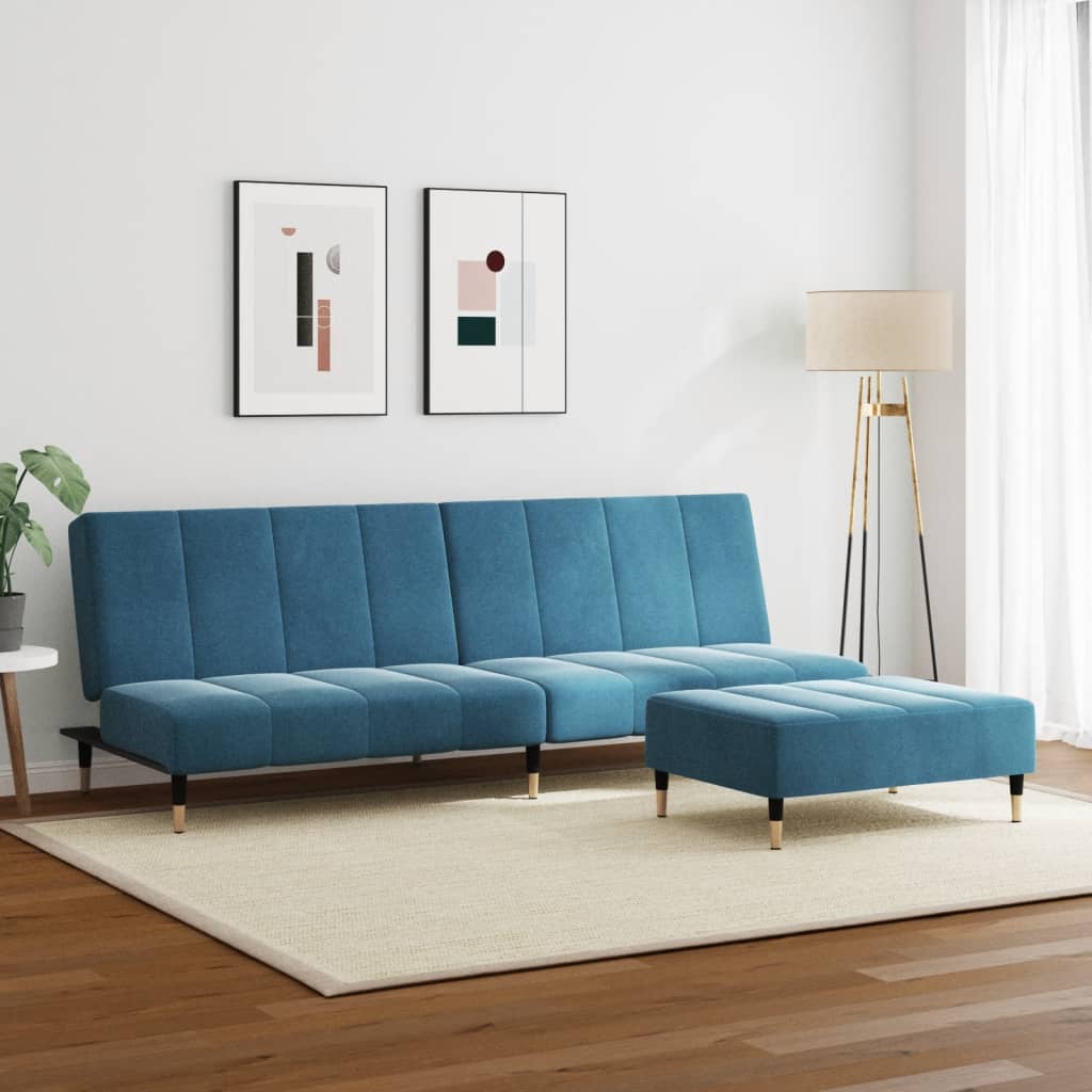 vidaXL Canapea extensibilă cu 2 locuri și taburet, albastru, catifea vidaXL Canapea extensibilă cu 2 locuri și taburet, albastru, catifea