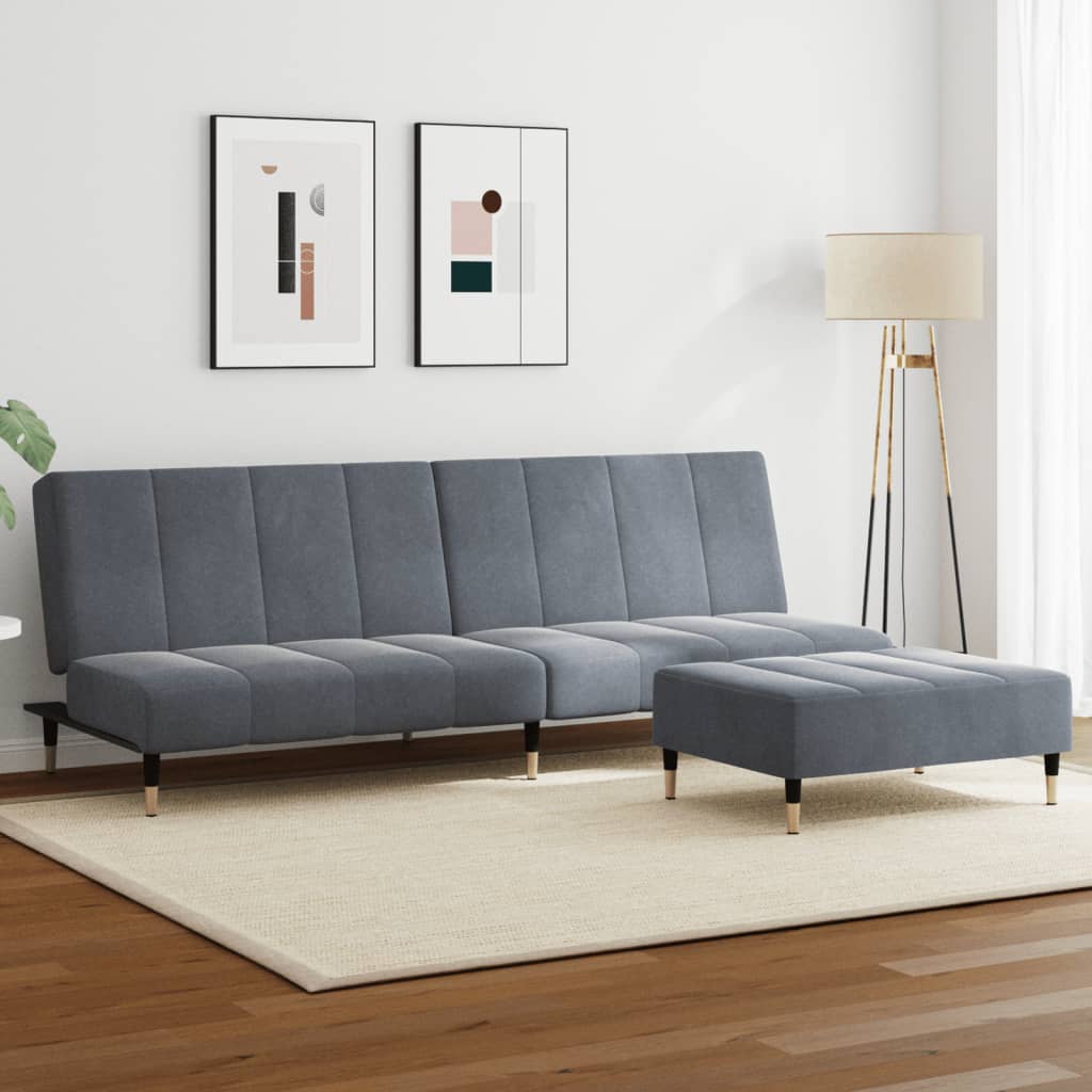 vidaXL Canapea extensibilă cu taburet, 2 locuri, gri închis, catifea vidaXL Canapea extensibilă cu taburet, 2 locuri, gri închis, catifea