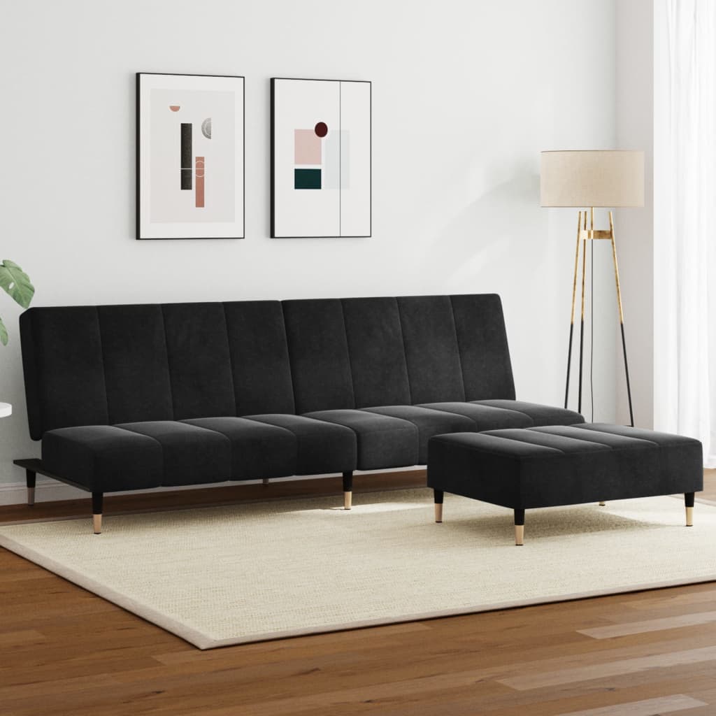 vidaXL Canapea extensibilă cu taburet, 2 locuri, negru, catifea vidaXL Canapea extensibilă cu taburet, 2 locuri, negru, catifea