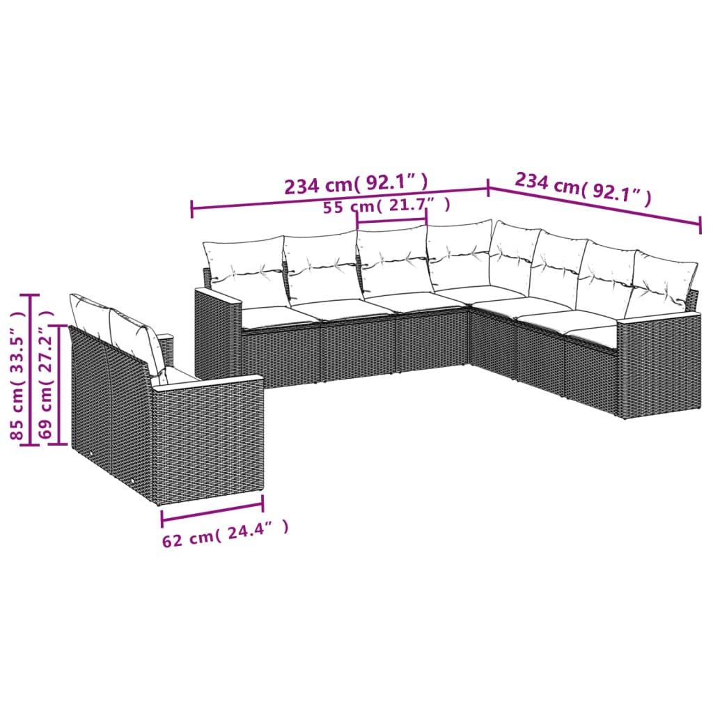 vidaXL Set mobilier de grădină cu perne, 9 piese, negru, poliratan