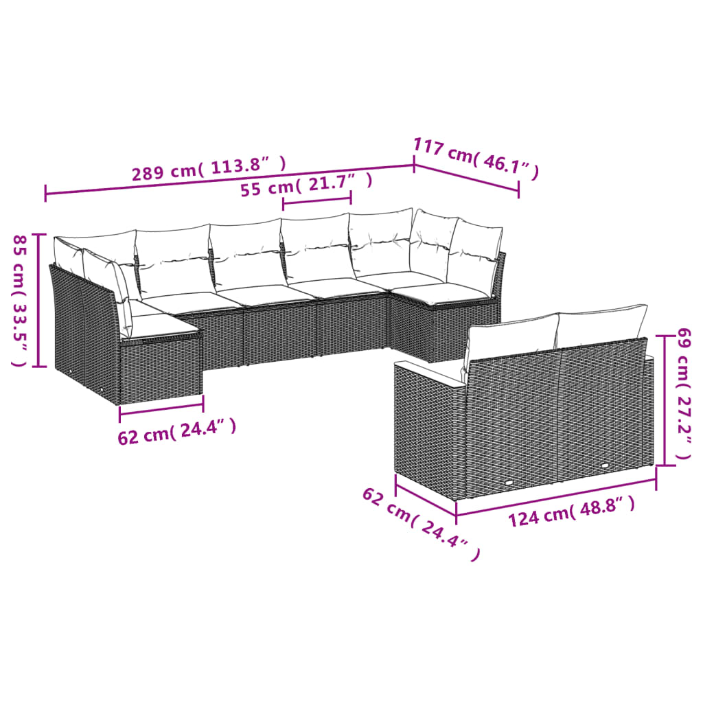 vidaXL Set mobilier de grădină cu perne, 9 piese, negru, poliratan